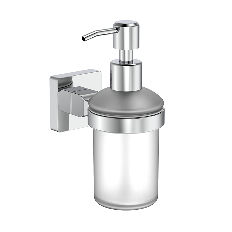189058 Square Thick Base Frosted Glass Bottle Chrome Soap Dispenser